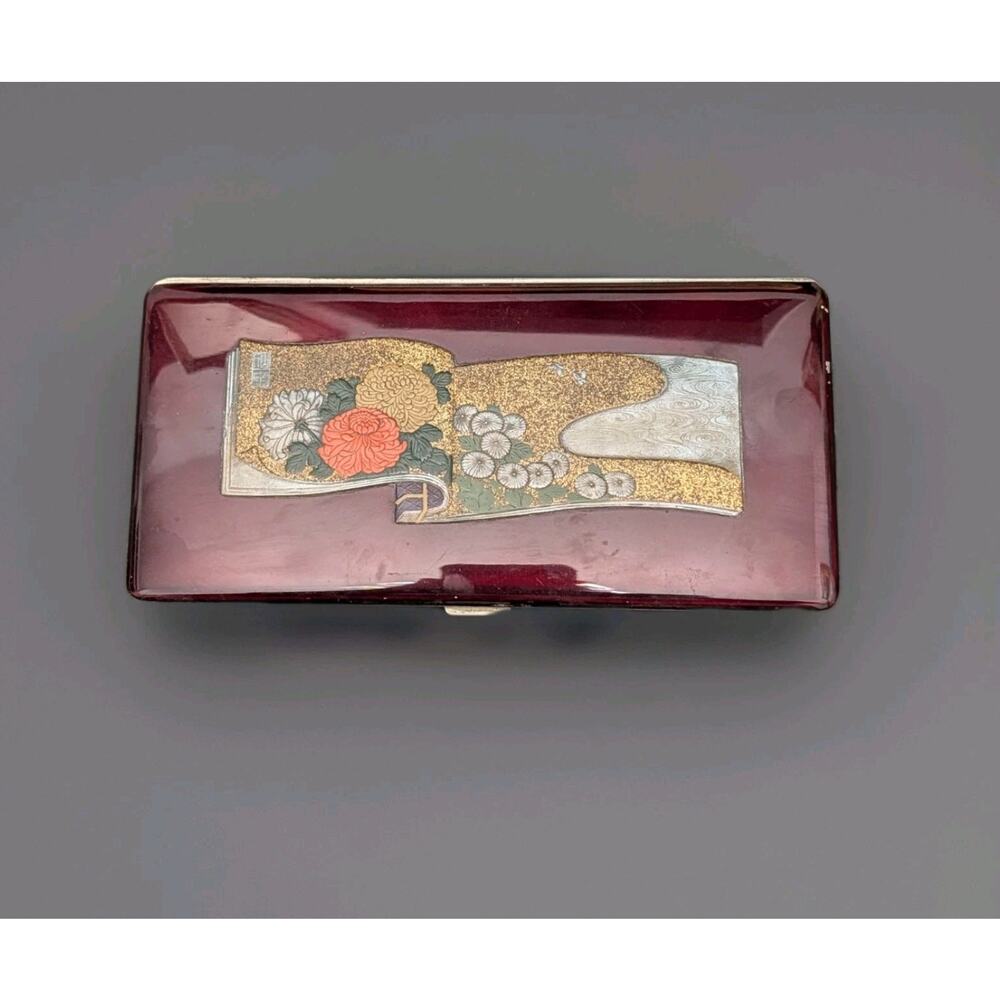 Japanese Cigarette Case Burgundy Lacquer Enamel Chrysanthemums